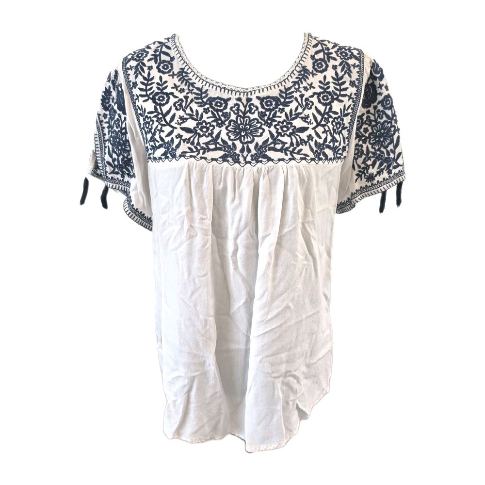 Savanna Jane Women's Med White & Navy Embroidered Short Sleeve Blouse Top Shirt
